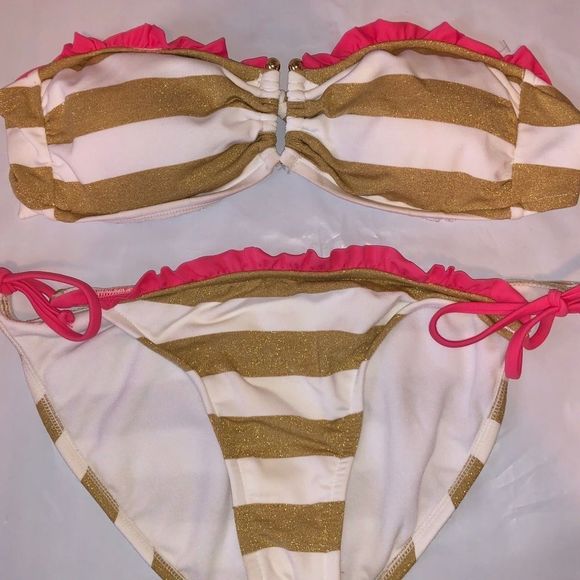 ▪️Strapless Gold White & Coral Bikini Top & Bottom - Picture 2 of 3